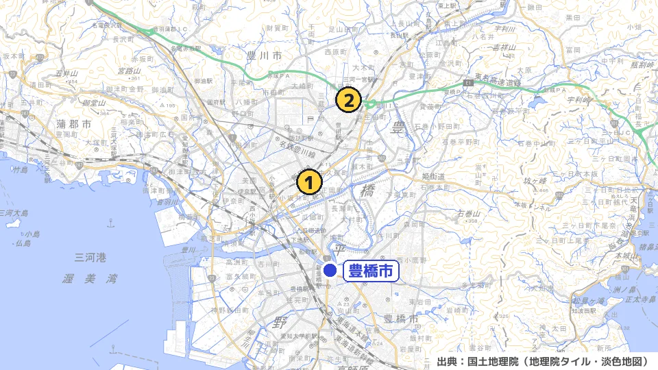 豊橋市(青い丸)と近い指定引取場所(黄色い丸の番号)の地図