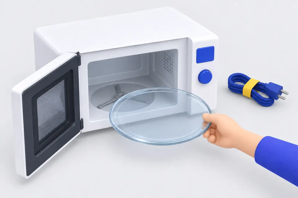 電子レンジの扉を開けてガラスの回転皿を取り出し、横に電源コードを束ねて留めた図