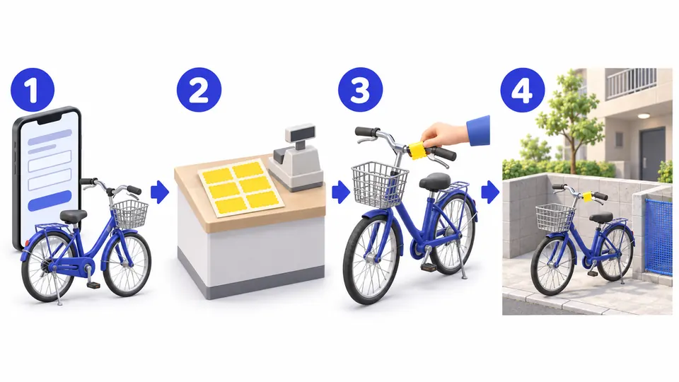 自転車を粗大ごみで出す流れの図：申し込む、処理券を買う、貼る、収集日の朝に出す