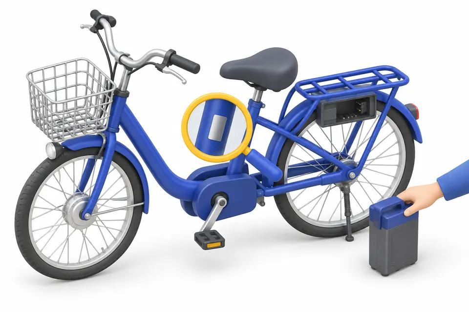 自転車の図：車体に貼られた防犯登録のシールを虫めがねで示し、電動アシスト自転車のバッテリーを外している
