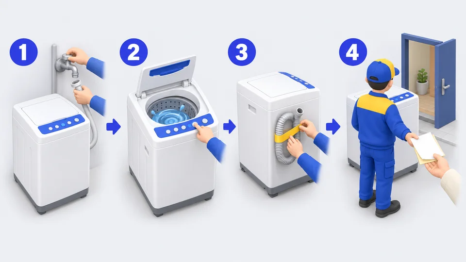 洗濯機を手放す前の準備の4コマ:水道の蛇口を閉めて給水ホースを外す、脱水だけ運転して槽内の水を抜く、排水ホースを本体の側面にとめる、玄関先で洗濯機を渡して控えの紙を受け取る