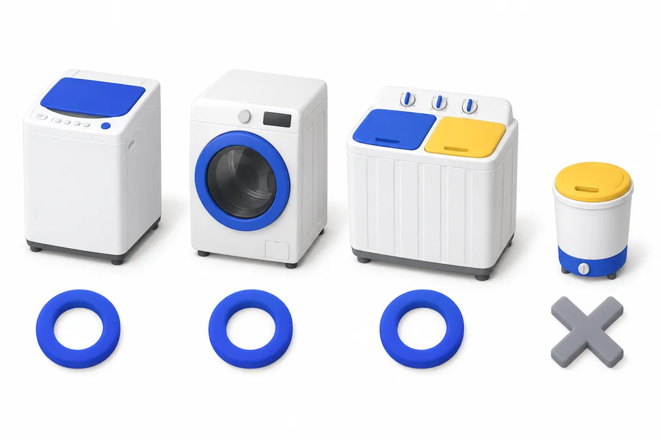 縦型の全自動洗濯機、ドラム式洗濯乾燥機、2槽式洗濯機、排水ホースのない電動のバケツ型洗濯機を並べた図