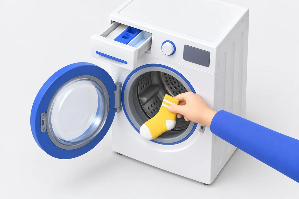 ドラム式洗濯機の扉を開けて、ドラムの中に残った靴下を取り出し、洗剤の投入ケースものぞいて確かめている図